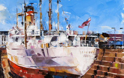 Oil painting of weathered Cargo ship Turrialba in Southampton drydock