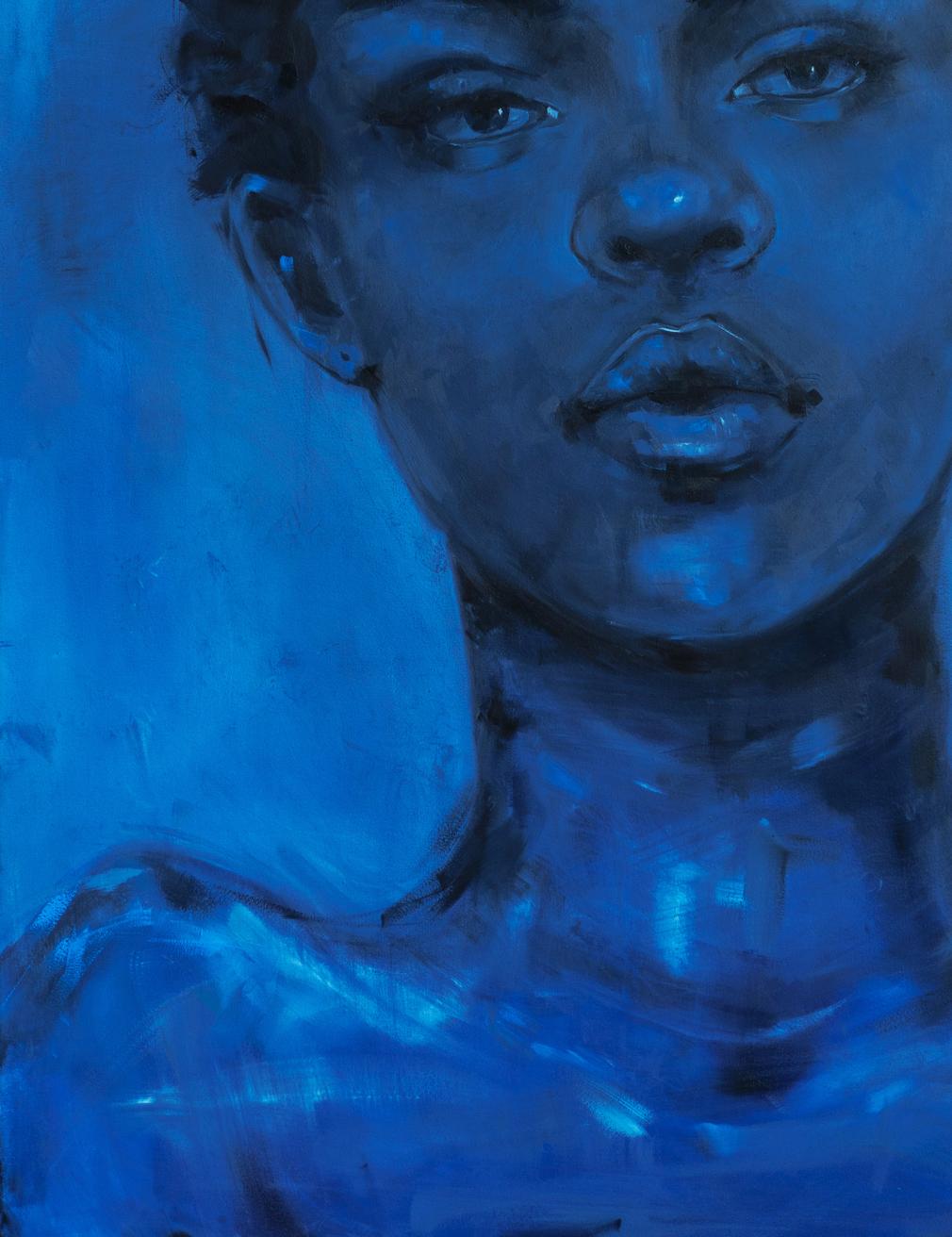Oil painting Calm by Victoria Kagalovska: striking blue-toned woman portrait