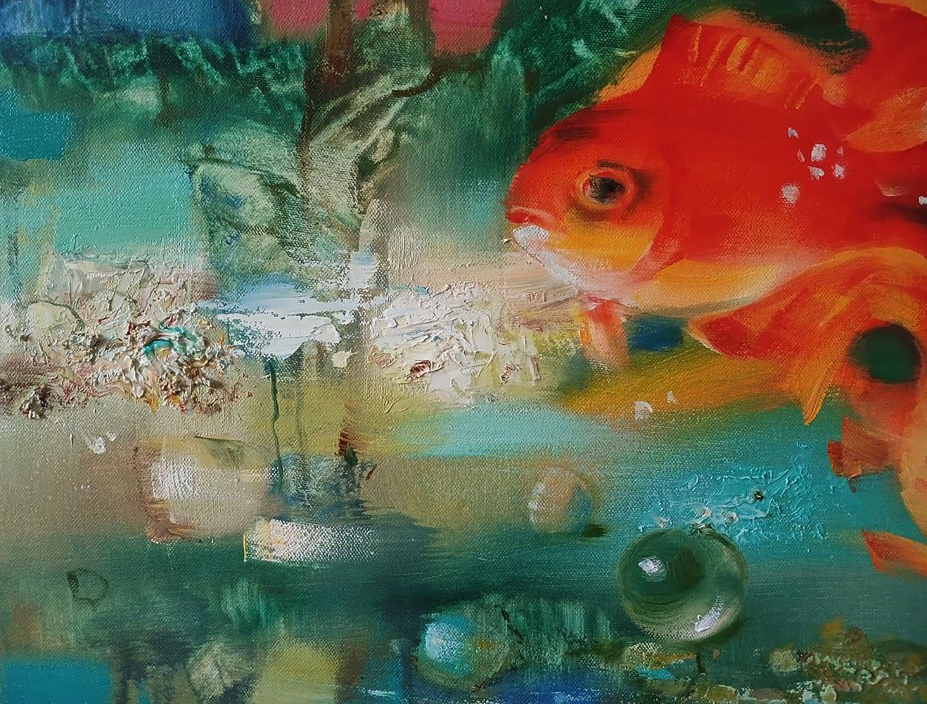 Abstract oil painting of vibrant orange goldfish by Anatoly Tarabanov