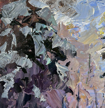 Oil painting Among the winter trees by Boris Serdyuk, abstract purple gray textured brushstrokes