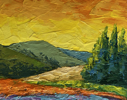 Vibrant oil painting of yellow colors dancing in meadows at sunset by V. Zadorozhnya
