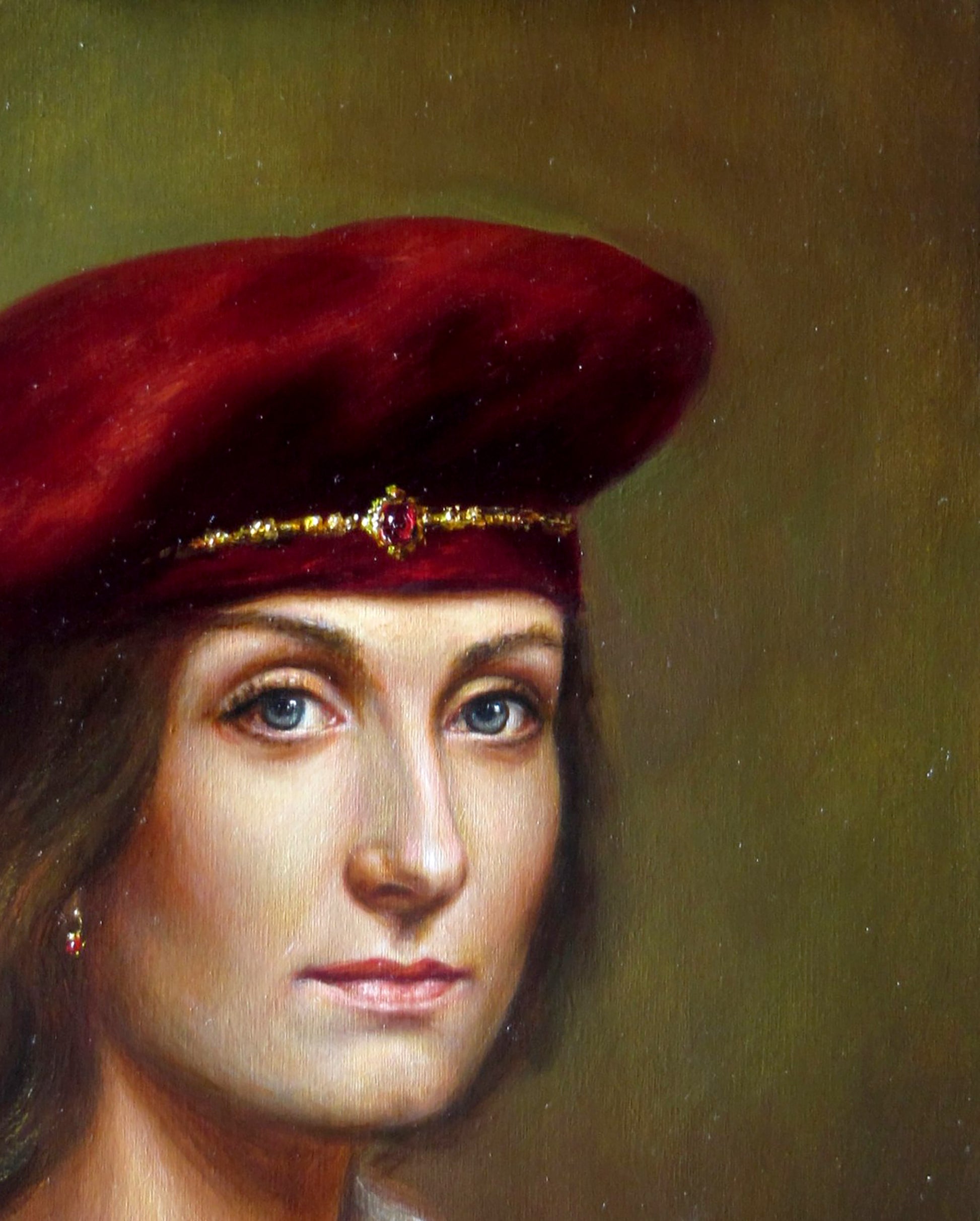 Oil painting A smile through the ages Valeriy Bulat crimson velvet beret with gold band and red gem