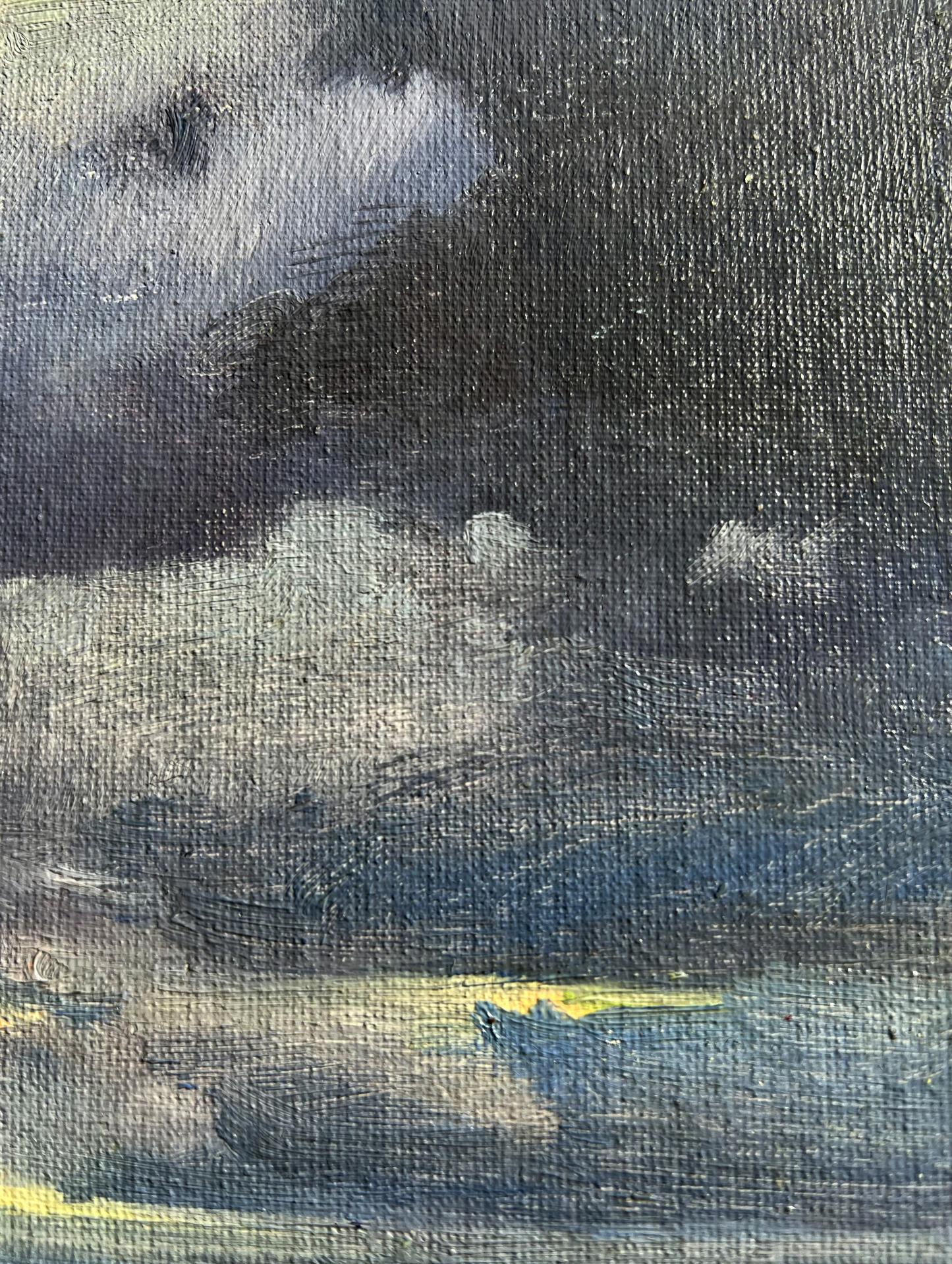 Oil painting Yellow sunset over the city Tatyana Derdey dark textured canvas