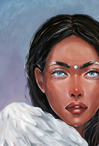 Oil painting Wings by Victoria Kagalovska: portrait of woman with blue eyes