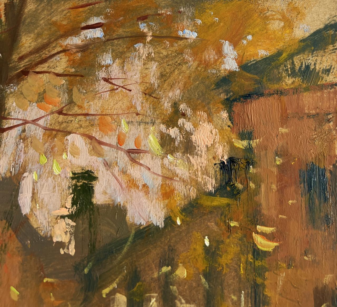 Autumn streets oil painting by Yuriy Suprunchuk in warm textured tones