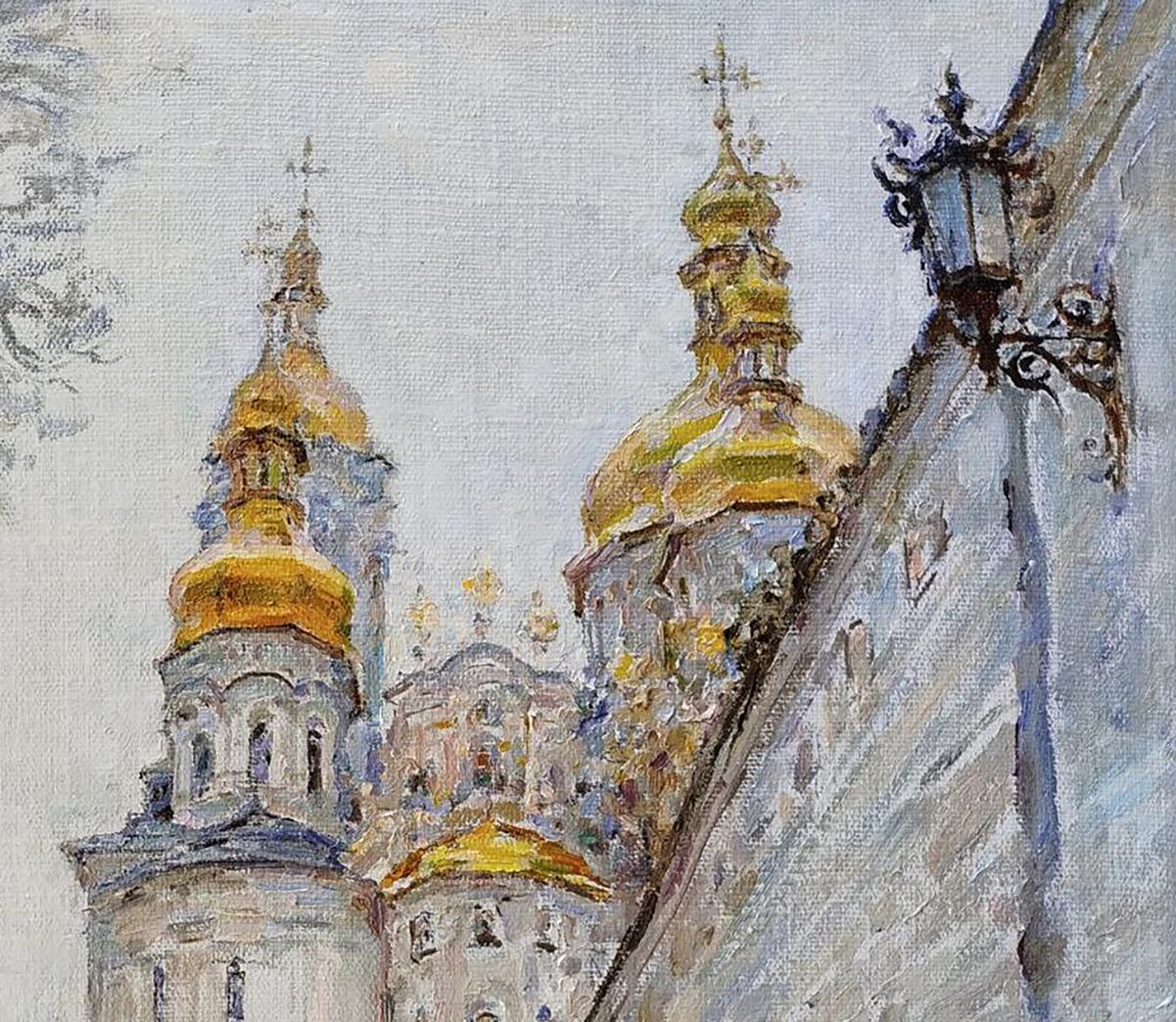 Golden domed church spires in oil painting Silver day by Leonid Pavlenko
