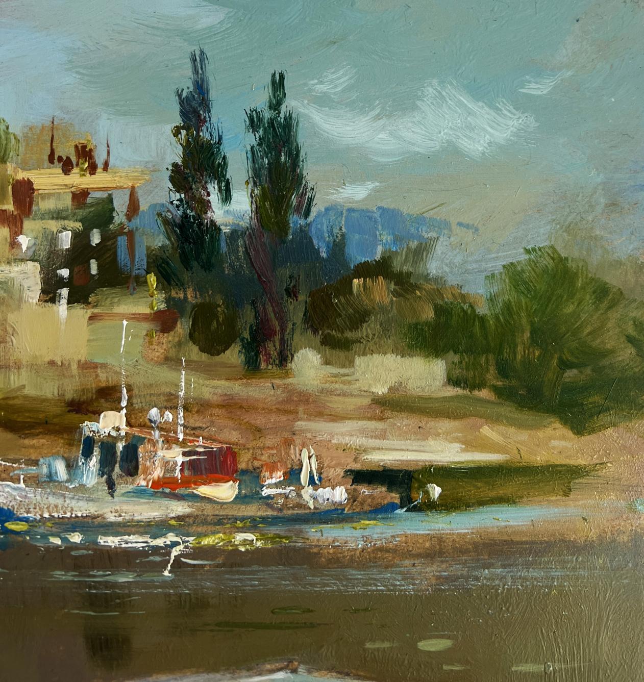 Textured oil painting of city boat ferry riverside by Yuriy Suprunchuk