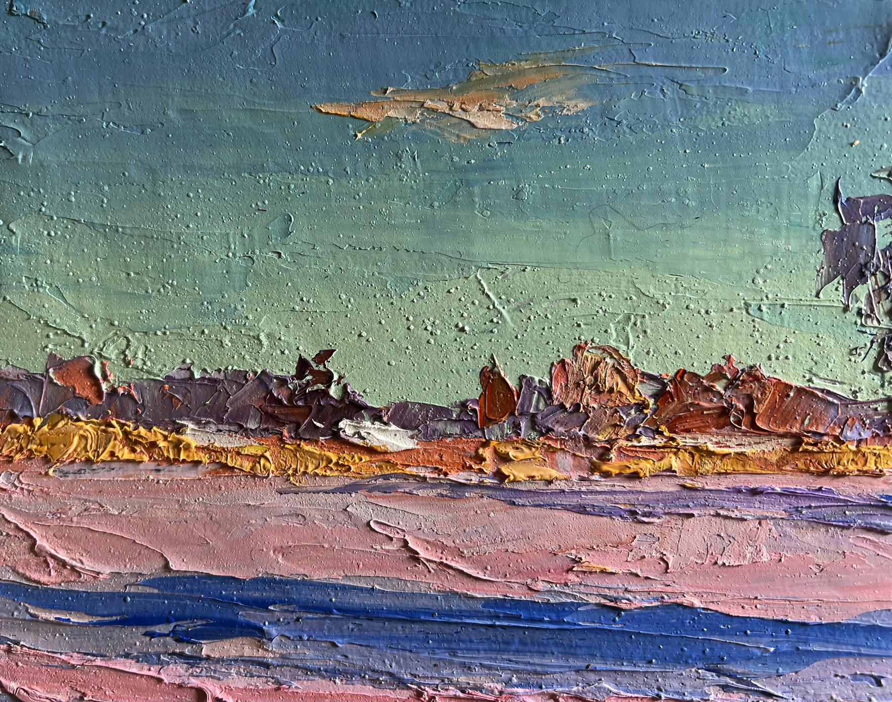 Oil painting Pink morning in winter by Boris Serdyuk with teal impasto strokes