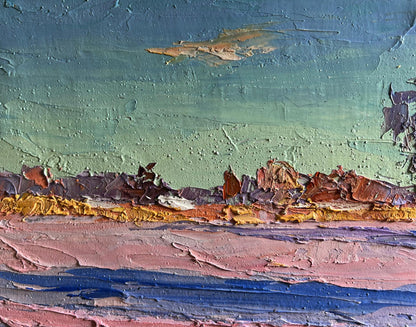 Oil painting Pink morning in winter by Boris Serdyuk with teal impasto strokes