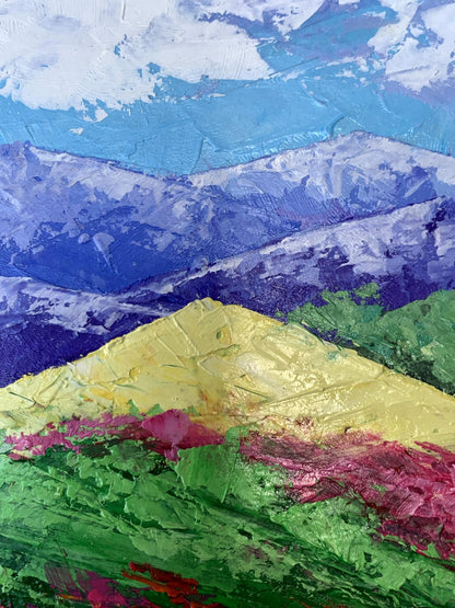 Vibrant textured oil painting of mountains and clouds by V. Zadorozhnya