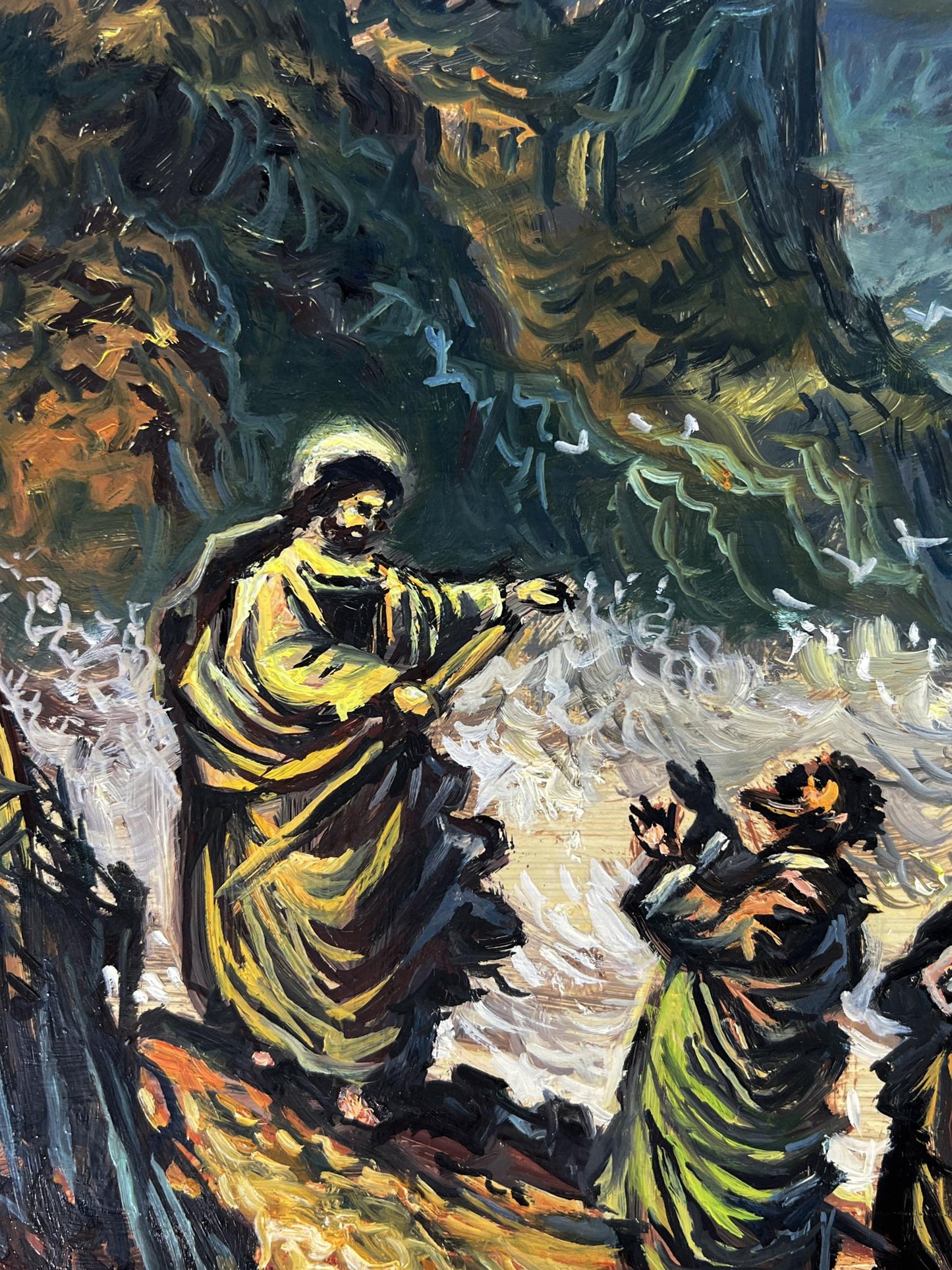 Impressionistic oil painting of Jesus in golden robes on turbulent waves by Alexander Litvinov