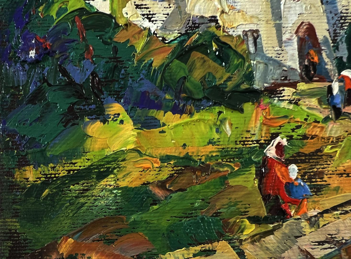 Vibrant Morning Church oil painting by Oleksiy Ivanyuk with bold green, yellow, blue brushstrokes and red white figures in textured landscape