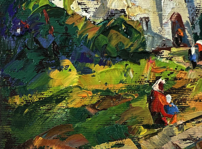 Vibrant Morning Church oil painting by Oleksiy Ivanyuk with bold green, yellow, blue brushstrokes and red white figures in textured landscape