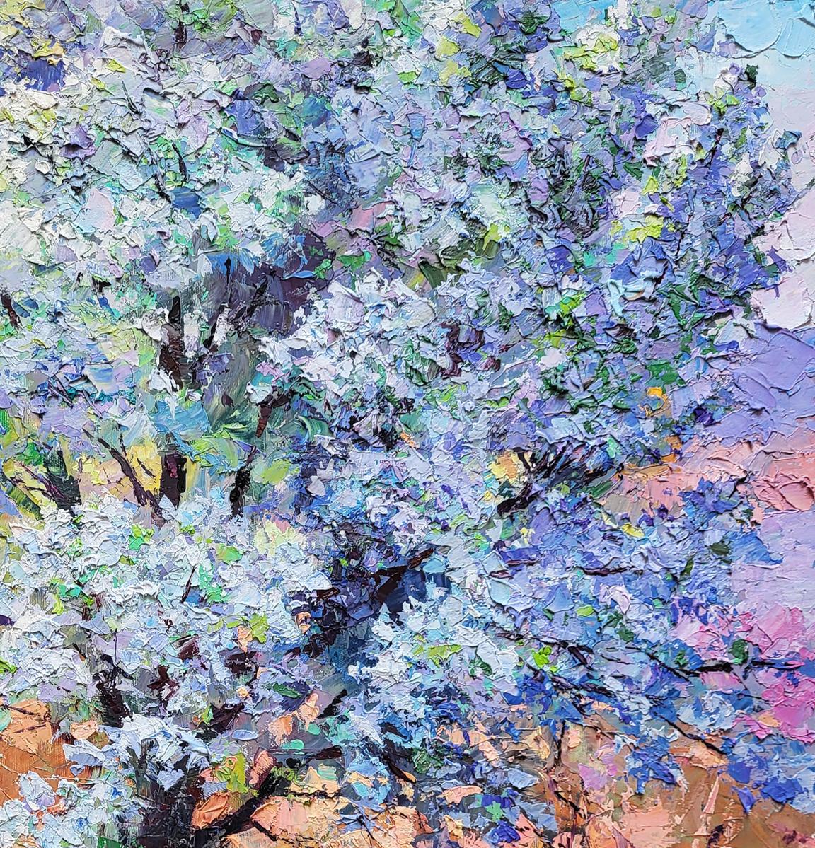 Oil painting of pear blossoms by Boris Serdyuk in lavender impasto