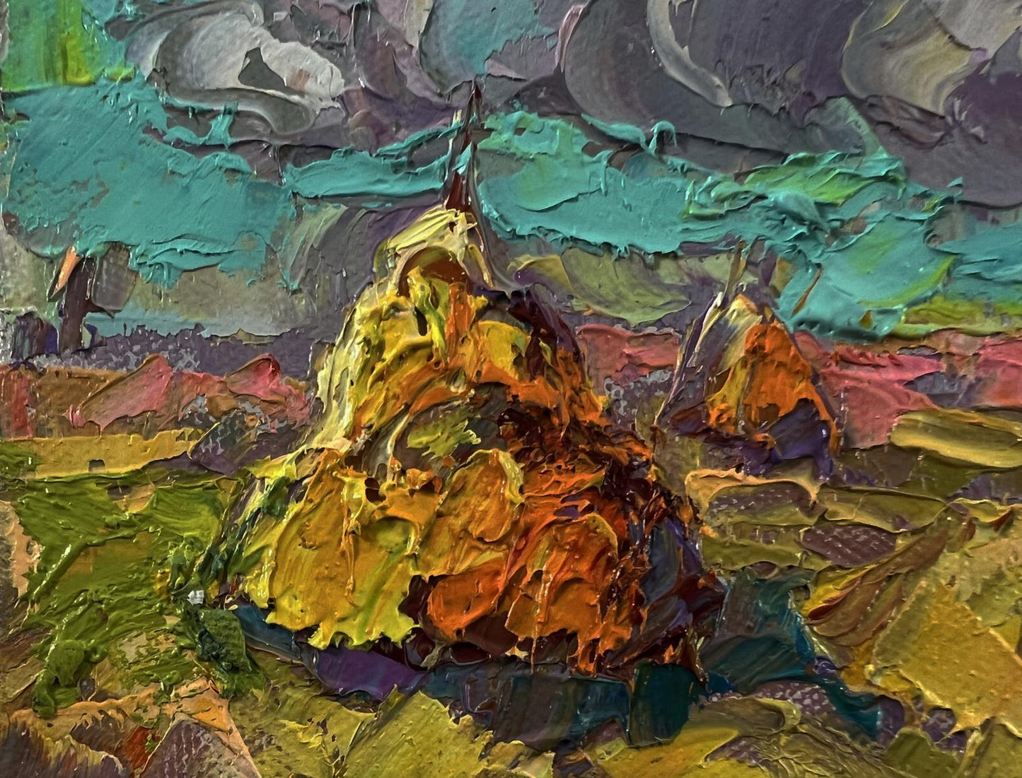 Oil painting Cloudy horizon by Oleksiy Ivanyuk, textured golden mound on teal backdrop