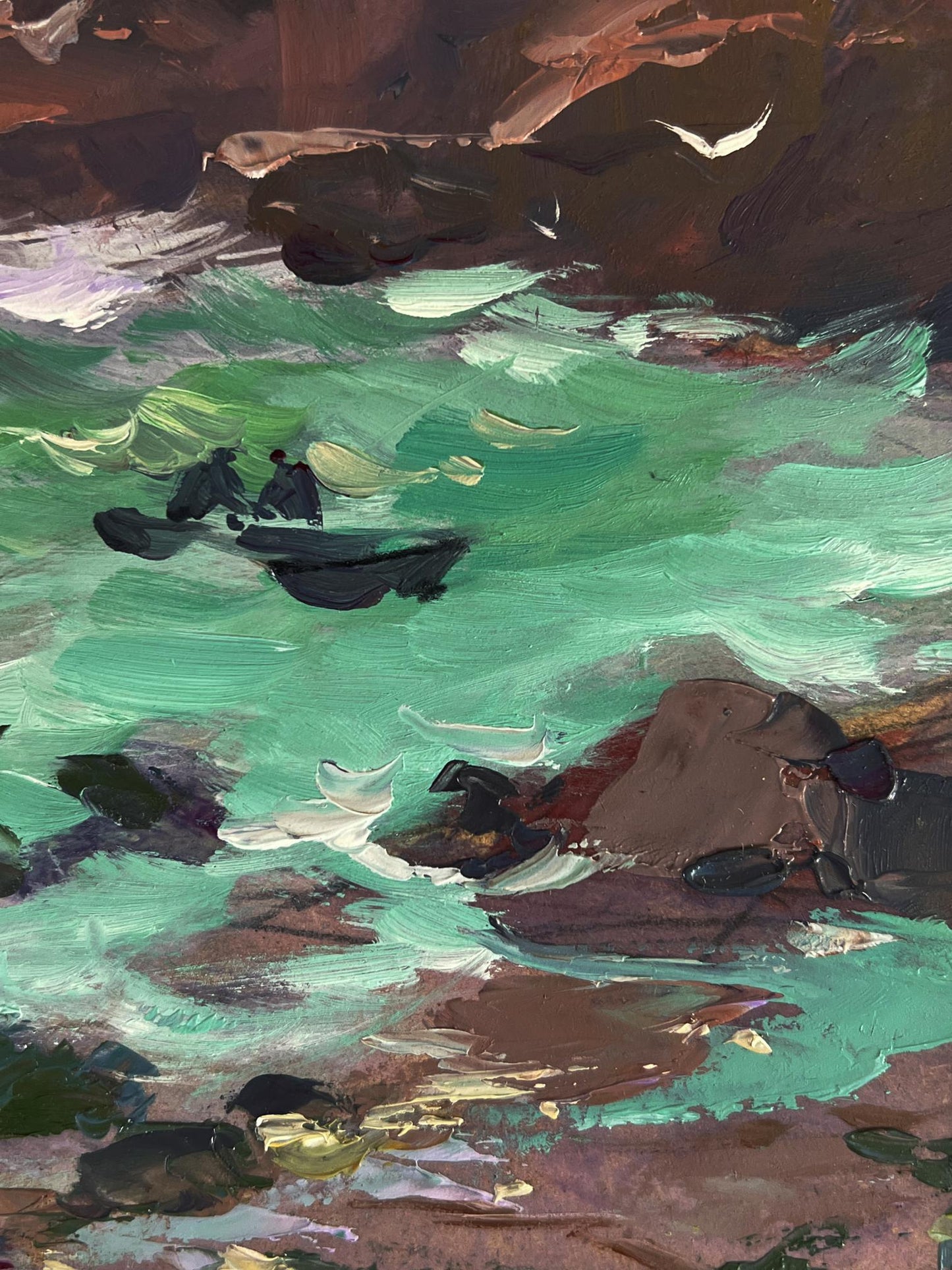 Oil painting Waves at the seashore by Yuriy Suprunchuk: rowboat in turbulent turquoise waters under cliffs