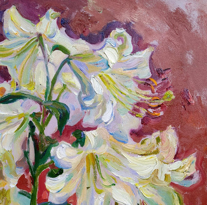 Oil painting Lilies by Leonid Pavlenko: vibrant white lilies impasto