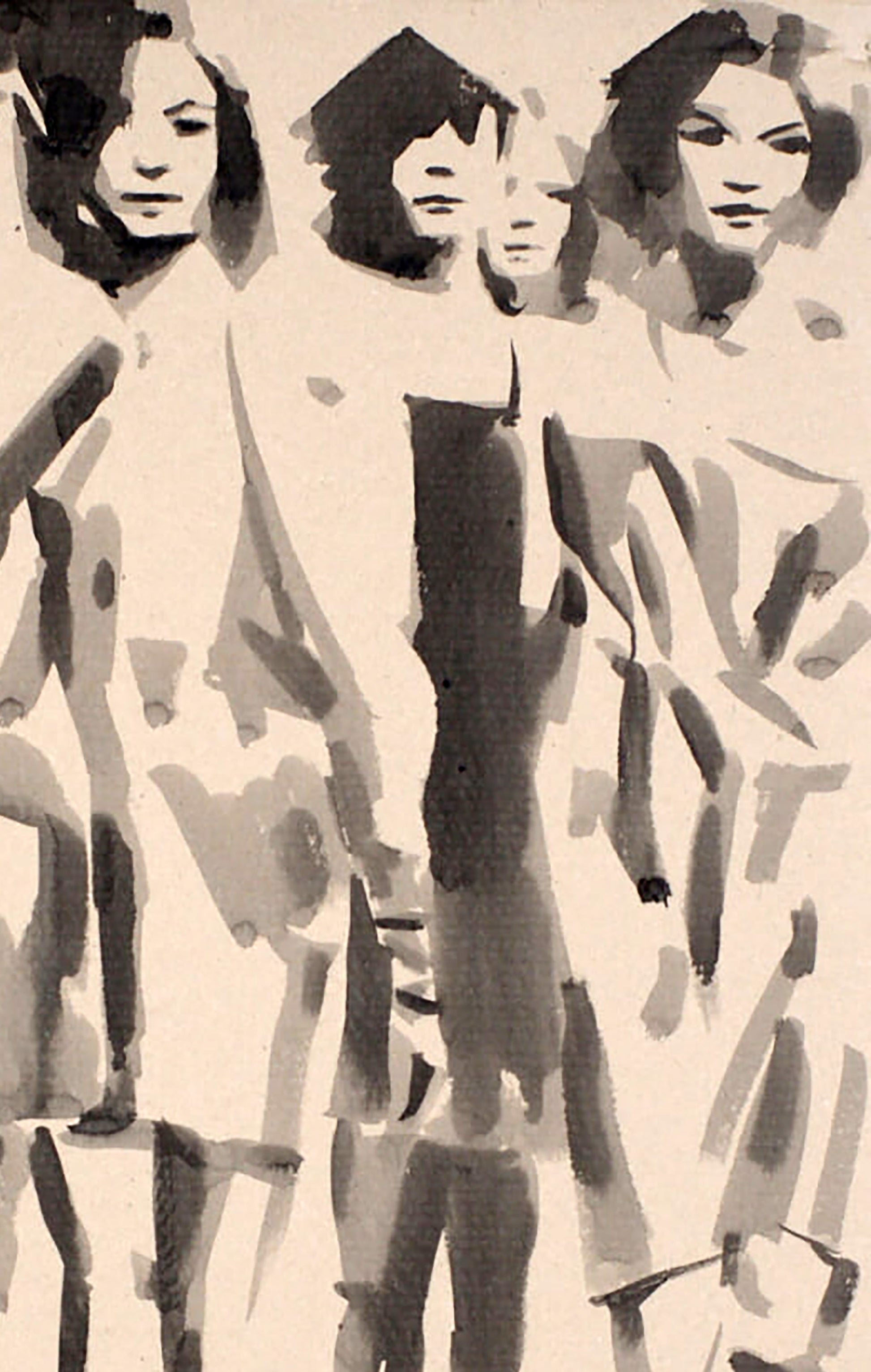 Abstract black and white ink painting of Walking Girls by Dima Filatov