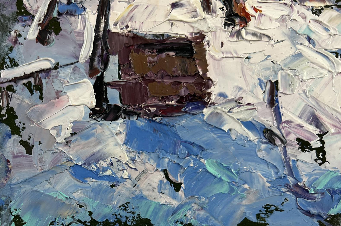 Impressionistic oil painting The house sleeps in the snow by Oksana Ivanyuk