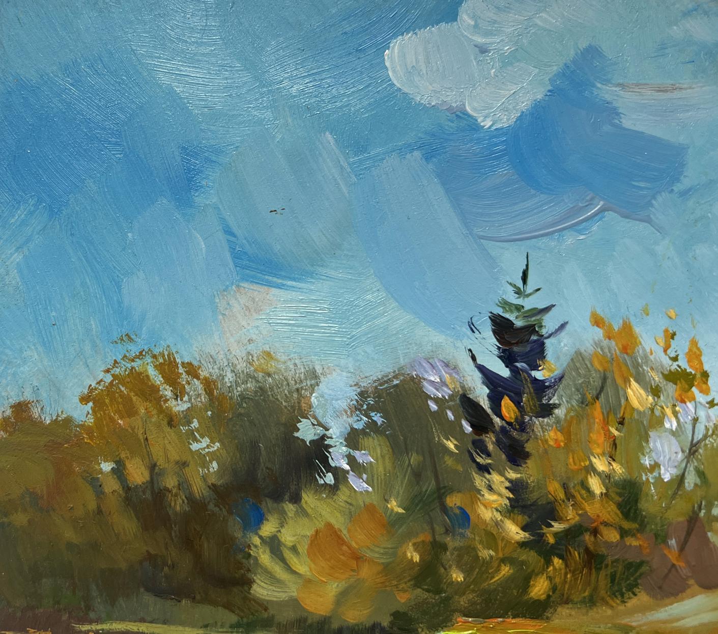 Oil painting The river washes the forest by Yuriy Suprunchuk with evergreen tree in autumn foliage