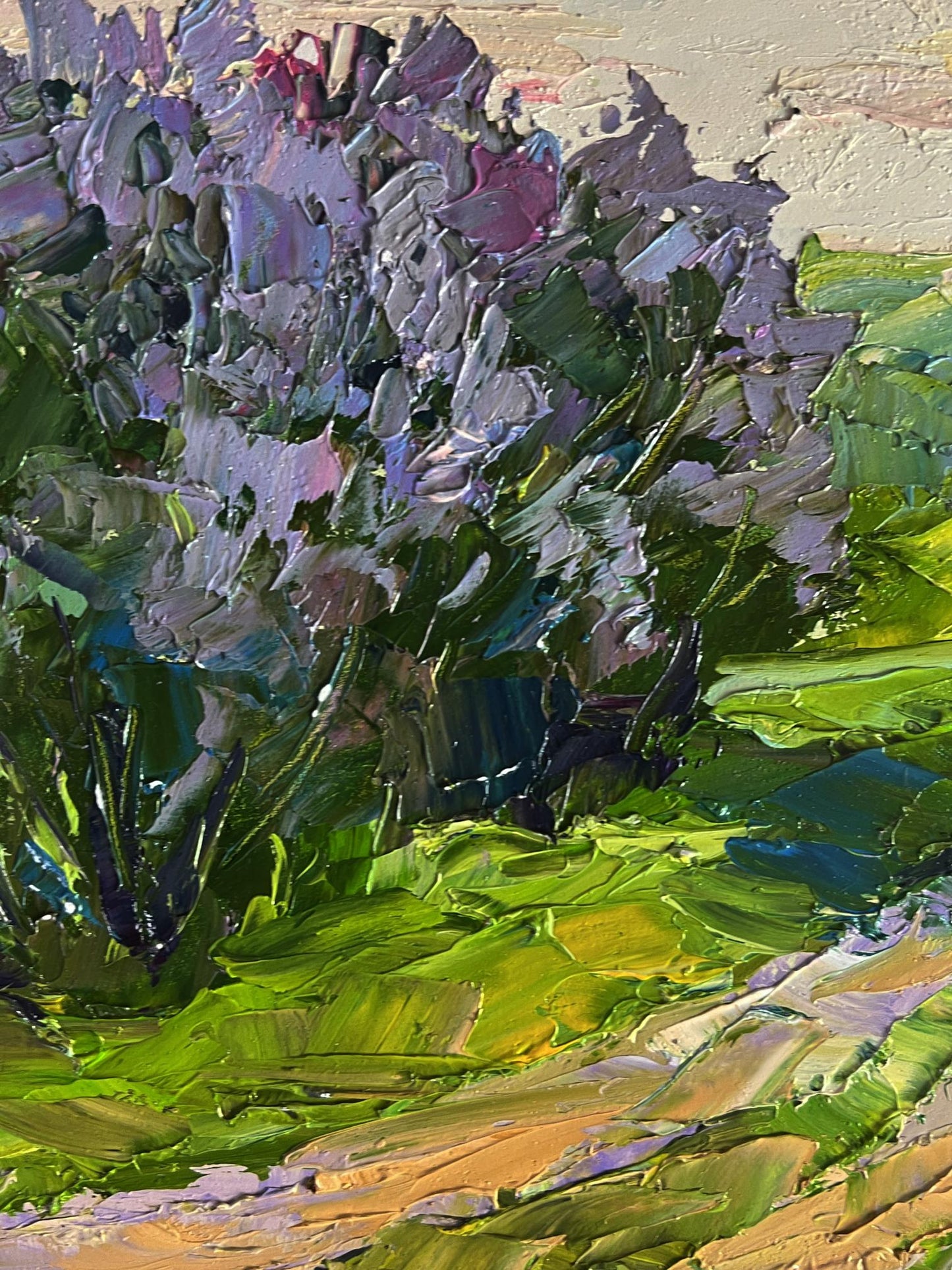 Oil painting Flowers along the road by Boris Serdyuk vibrant purple green foliage