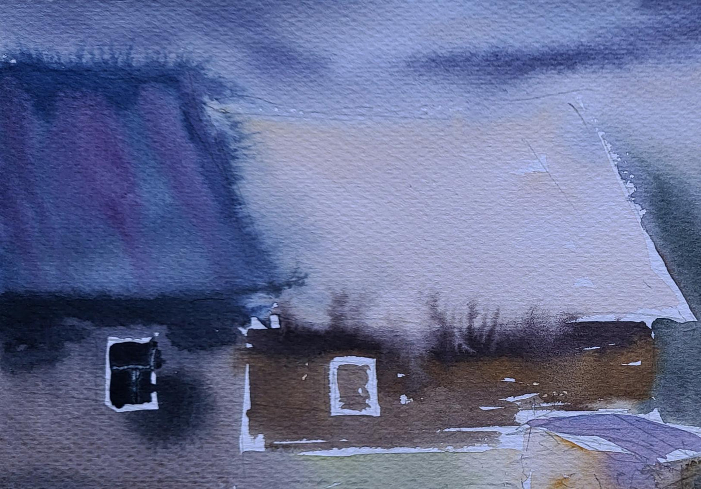 Watercolor painting of Boris Serdyuk’s rustic snow-covered house