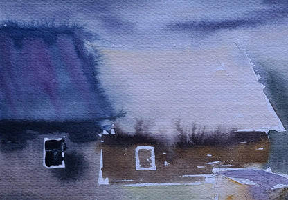 Watercolor painting of Boris Serdyuk’s rustic snow-covered house