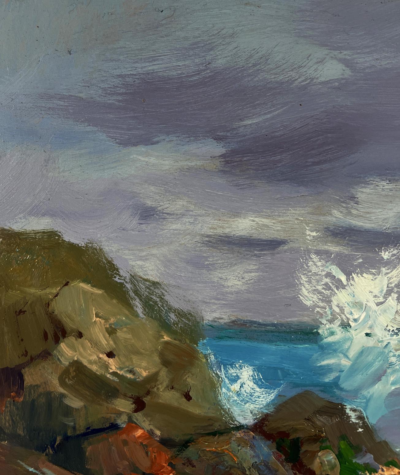 Oil painting by Yuriy Suprunchuk: seagulls over turbulent sea and cliffs