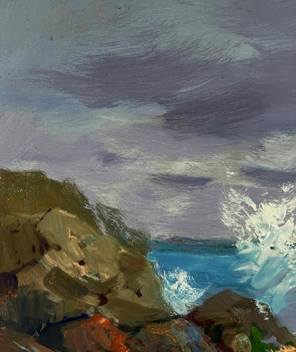 Oil painting by Yuriy Suprunchuk: seagulls over turbulent sea and cliffs
