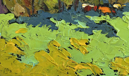 Oil painting Where the field meets the forest by Oleksiy Ivanyuk vibrant abstract green yellow blue