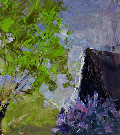 Vibrant green purple abstract landscape oil painting The earth awakens Boris Serdyuk