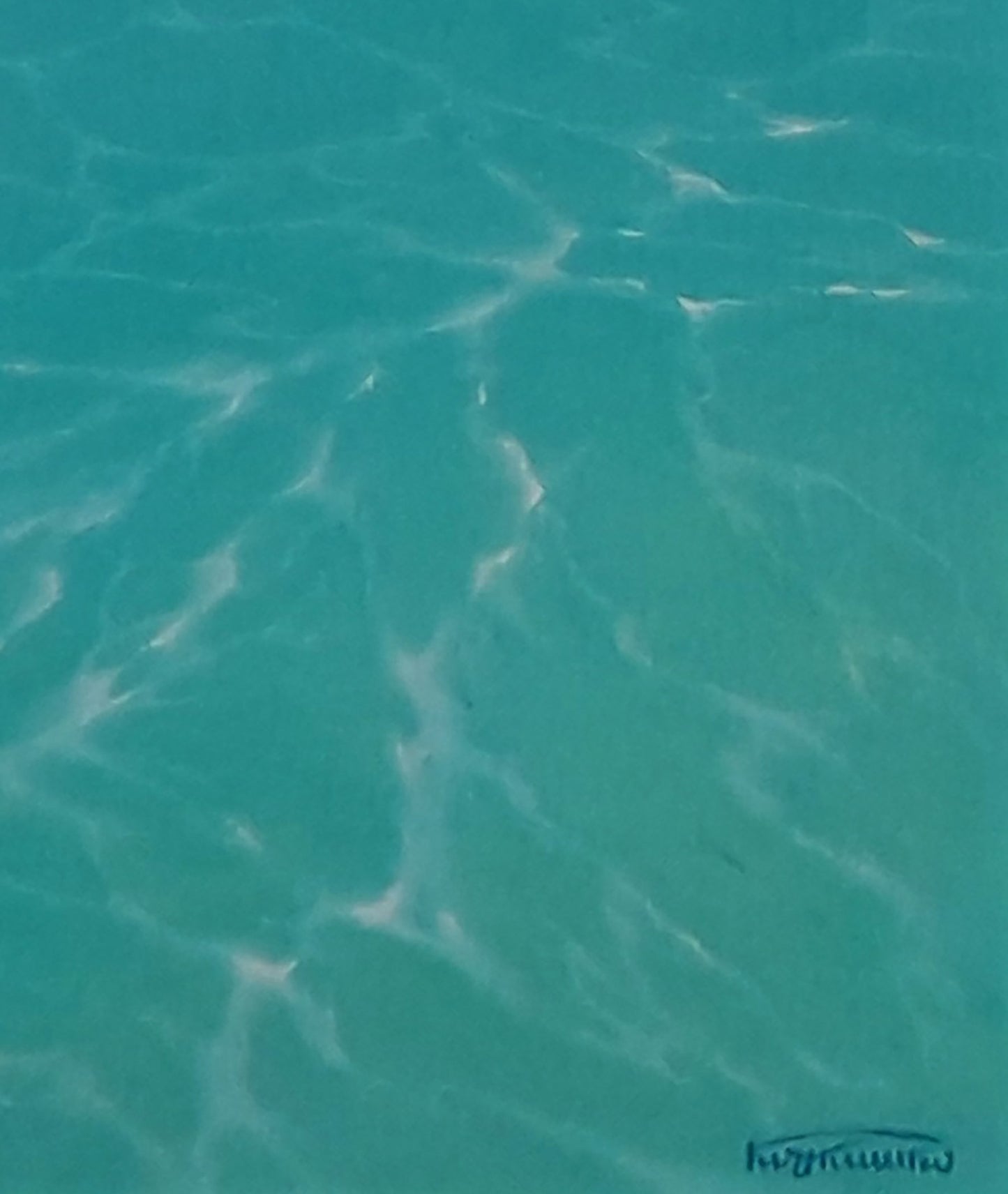 Oil painting by Vasily Korkishko: clear turquoise sea with ripples and sunlight reflections
