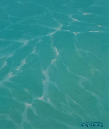 Oil painting by Vasily Korkishko: clear turquoise sea with ripples and sunlight reflections