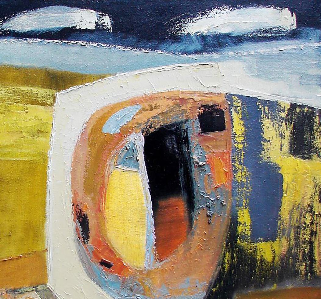 Golden Rain oil painting by Tatyana Shulyak with bold blue, yellow, orange strokes