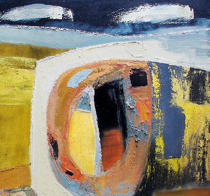 Golden Rain oil painting by Tatyana Shulyak with bold blue, yellow, orange strokes