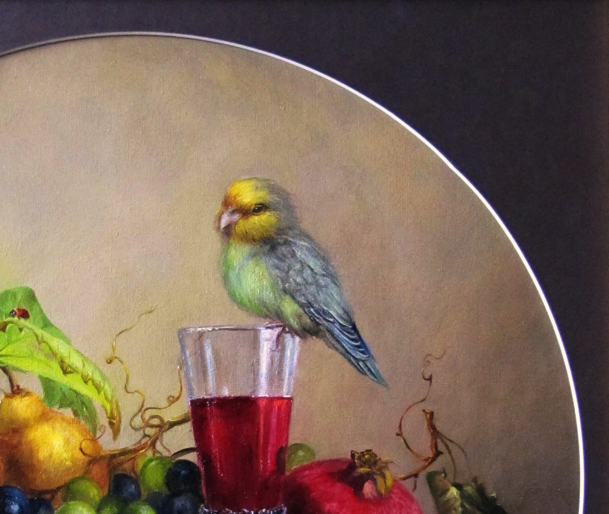 Vibrant yellow green parakeet on glass of red liquid oil painting by Valeriy Bulat