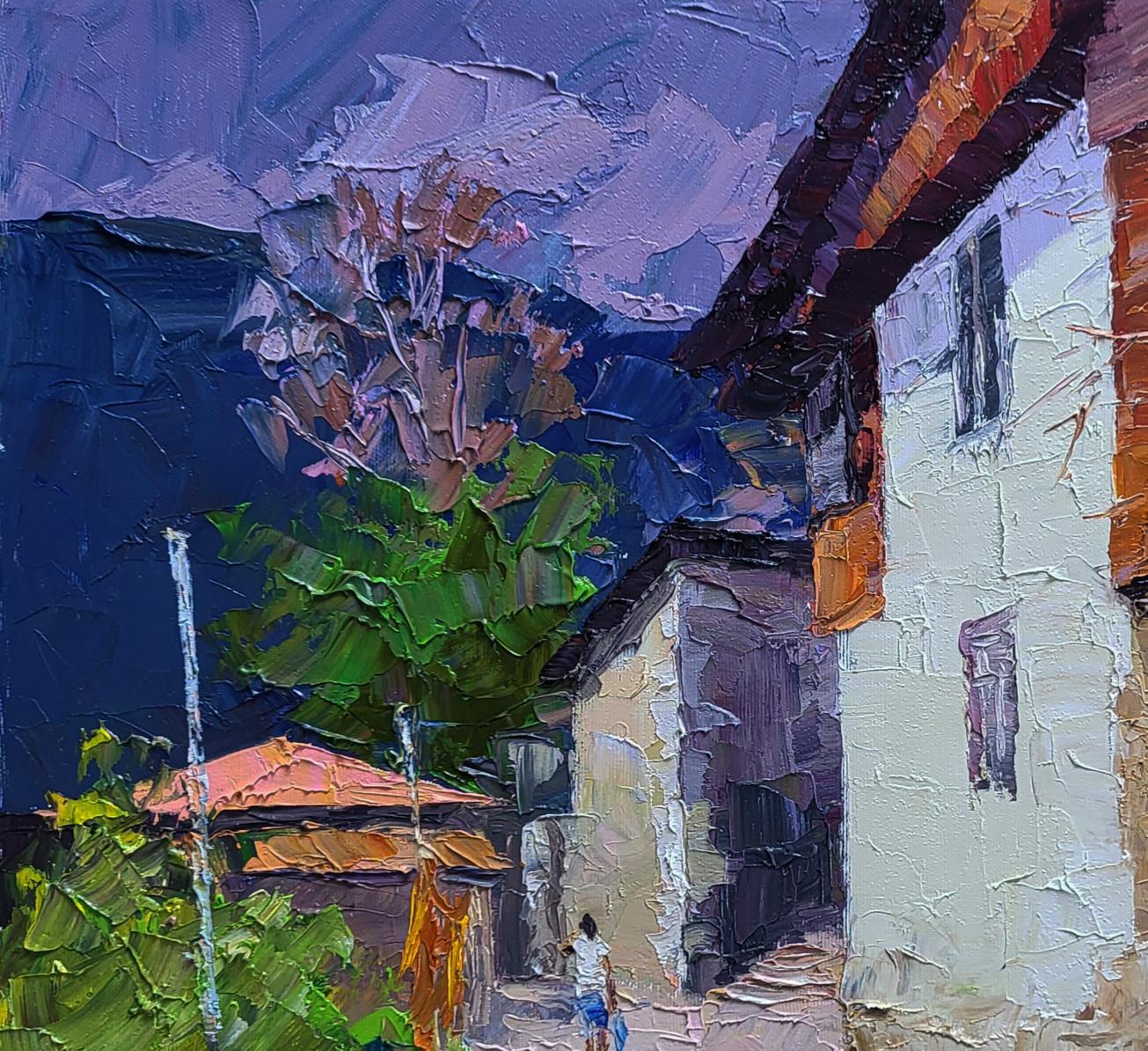 Oil painting by Boris Serdyuk: impressionist village alleyway