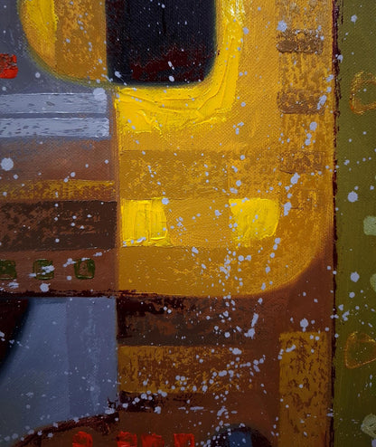 Oil painting Near the crosswalk by Sergiy Voichenko with bold yellow geometric shapes