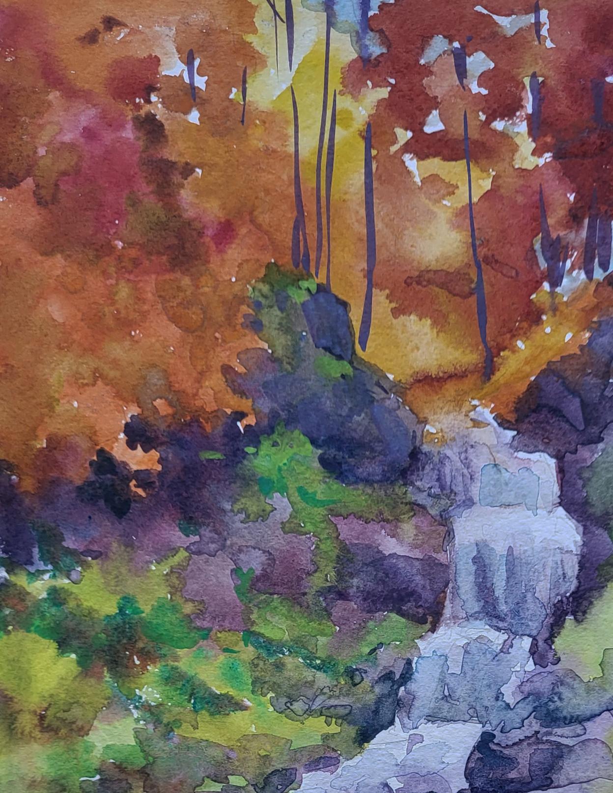 Vibrant Whispering Stream watercolor by Boris Serdyuk: fiery autumn trees