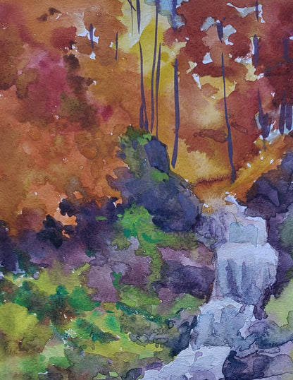 Vibrant Whispering Stream watercolor by Boris Serdyuk: fiery autumn trees