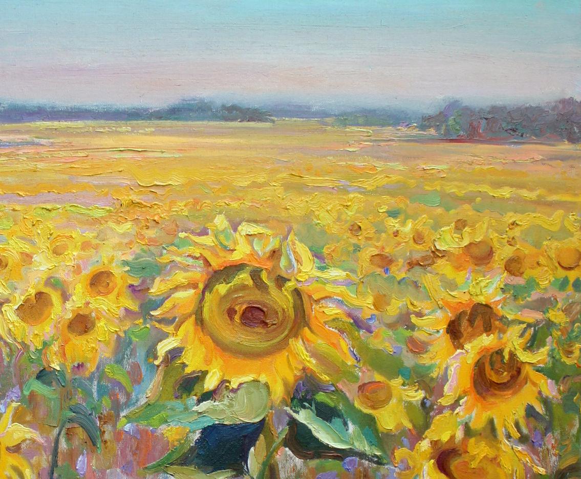 Vibrant impressionistic oil painting of sunflower field by Leonid Pavlenko