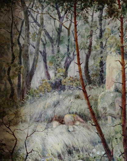 Watercolor forest at dawn by Vitaly Duhnevich, soft greens and browns