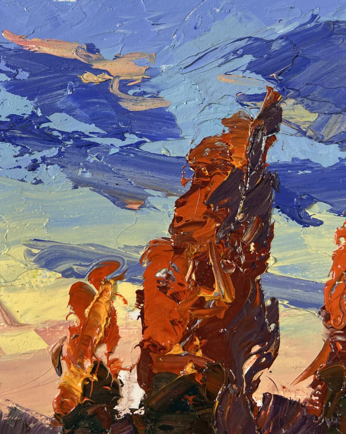 Oil painting Autumn poplars by Boris Serdyuk, textured blue orange landscape