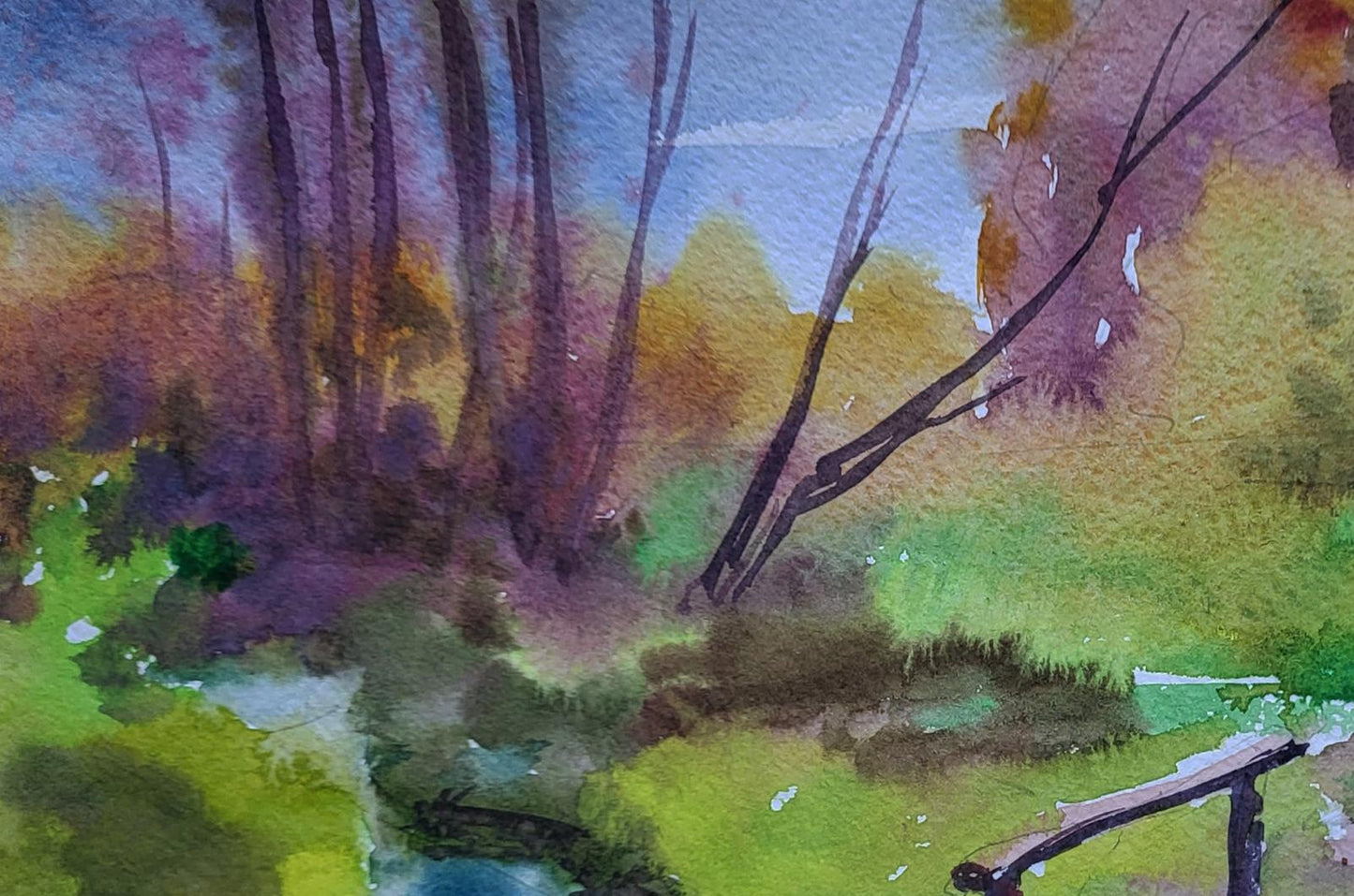 Watercolor forest painting Step across water by Boris Serdyuk