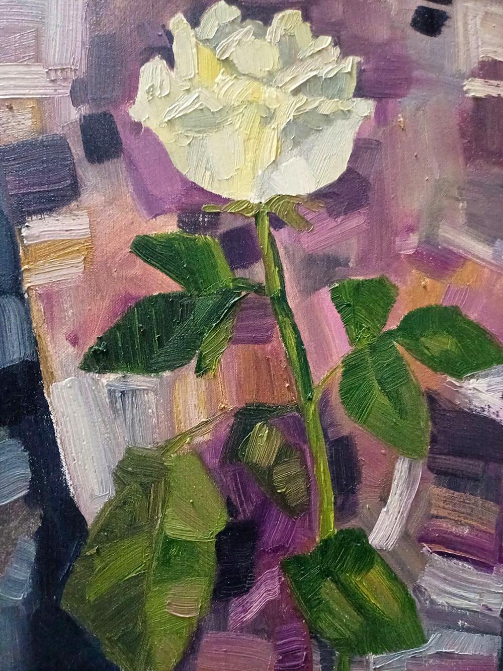 Oil painting of white rose by Tatyana Shulyak with lush petals
