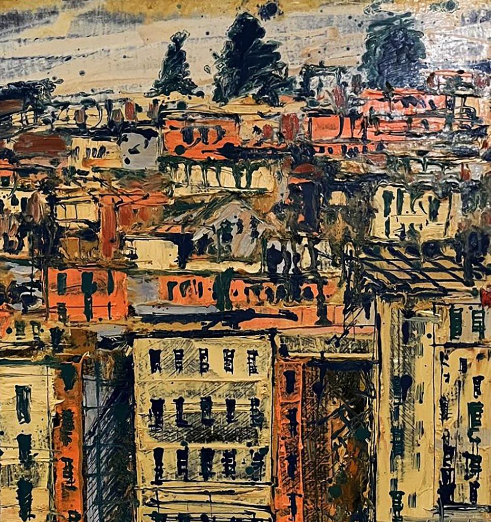 Oil painting Approximation by Serhiy Kovalev: abstract urban landscape in orange, ochre, green