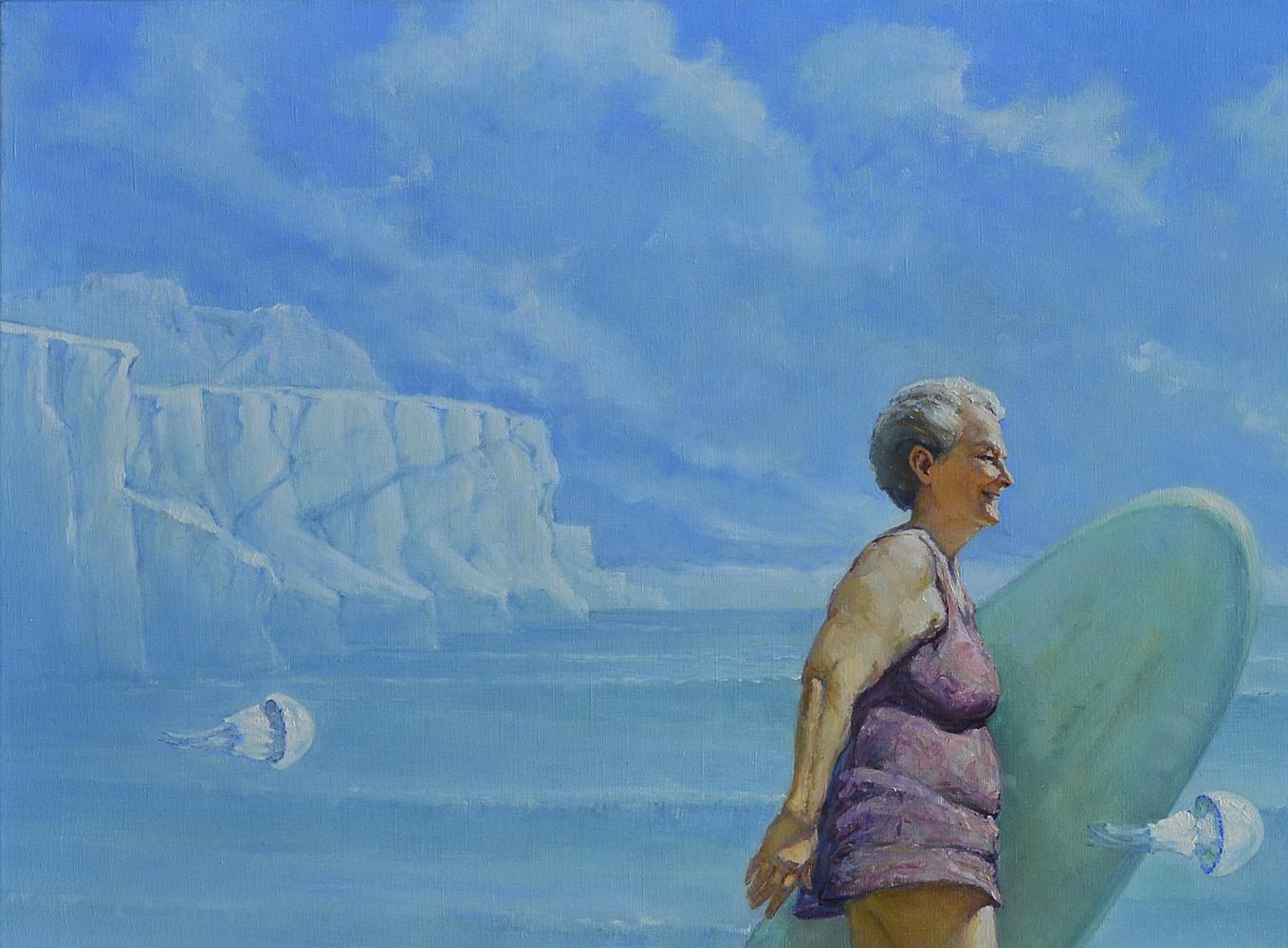 Oil painting by Oleg Kateryniuk: woman in purple swimsuit with green surfboard before icy cliffs and jellyfish