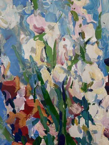 Vibrant Summer gladiolus oil painting by Oksana Ivanyuk in blues, greens, pinks, whites