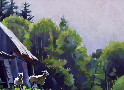 Oil painting of rustic barn by Anastasia Yaroshevich, sunny afternoon