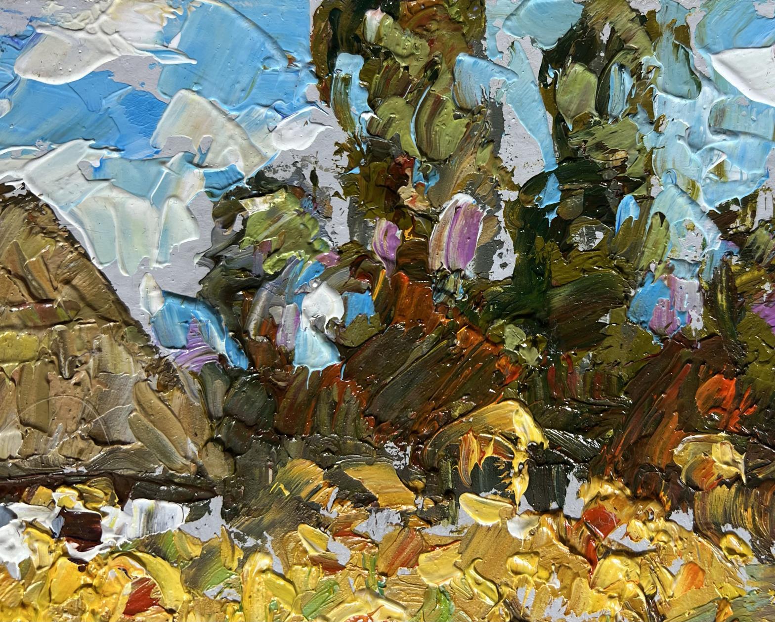 Oil painting of house and sunflowers by Oleksiy Ivanyuk, impasto landscape